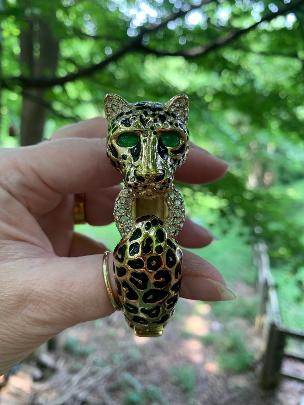 Ciner Leopard Hinged Bracelet with Swarovski Crystals and Green Cabochon Eyes - Picture 14 of 16